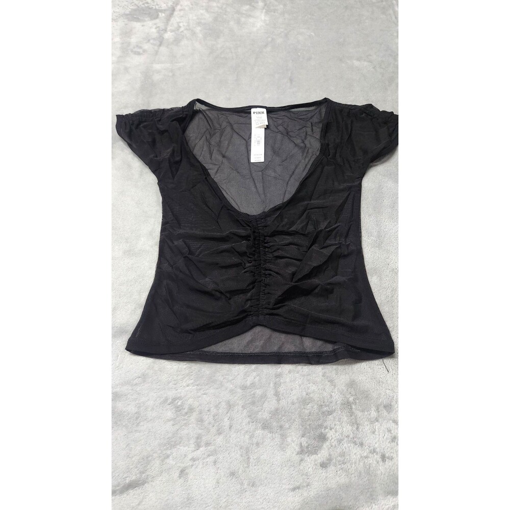 Victoria’s‎ Secret Small Black Mesh Ruched Cap-Sleeve Cropped Top NWT